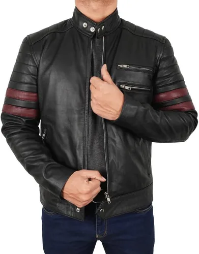 Vista 3 de Chaqueta de cuero de motociclista negra con rayas rojas para hombre