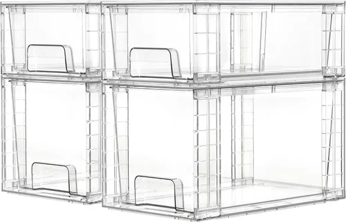 Vtopmart Paquete de 4 cajones de almacenamiento apilables transparentes, para debajo del fregadero y la cocina, cajones de plástico fáciles de