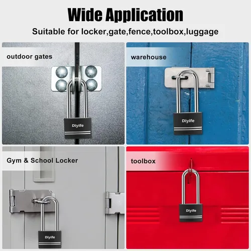 Vista 7 de Diyife [Versión mejorada] Candado de aluminio con llave - Candado de grillete largo impermeable con 2 llaves para escuela, casillero de gimnasio