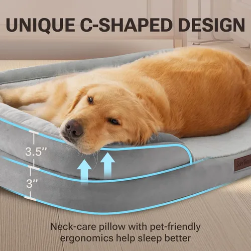 Vista 5 de Soft Touch - Cama ortopédica XL para perros grandes con parte superior de pelo sintético, sofá para mascotas impermeable con funda extraíble y Gris