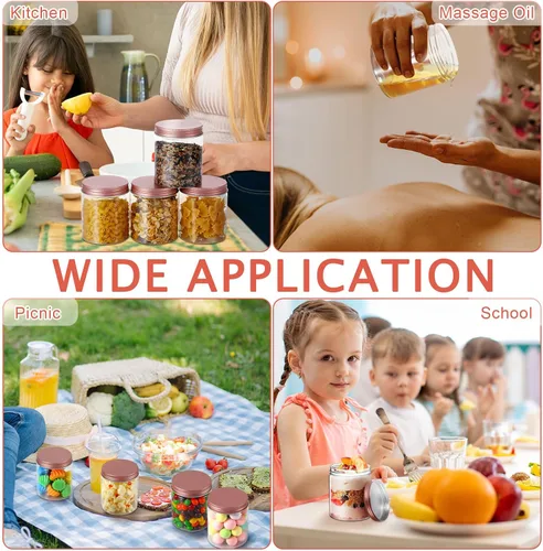 Vista 5 de Hushee 24 tarros de plástico de 8 onzas con tapas, tarros redondos transparentes para alimentos con tapas de oro rosa, tarros de plástico apilables