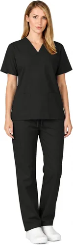 M&M SCRUBS Conjunto médico para mujer con cuello en V y pantalones con bolsillos, uniforme de enfermería de algodón polivinílico Negro