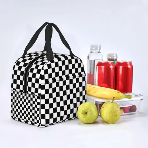Vista 9 de Bolsa de almuerzo reutilizable con diseño de bandera a cuadros en blanco y negro, lonchera aislada para estudiantes, trabajo, viajes al aire libre