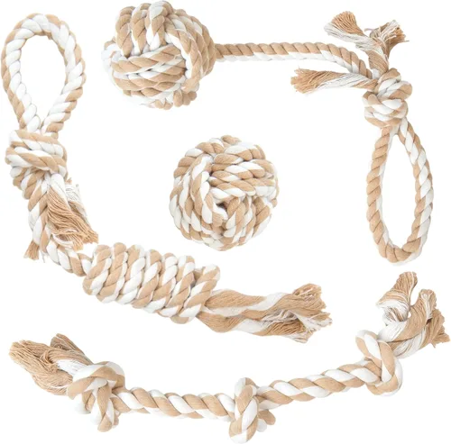 Vista 8 de Fida Juguetes de cuerda para perros, paquete de 4 unidades, resistentes cuerdas de algodón para masticar para interiores y exteriores, juego