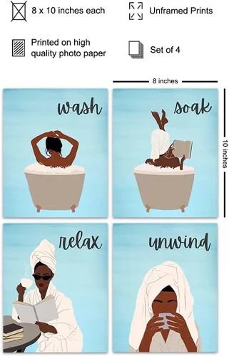 Vista 2 de Relax Soak Unwind Wall Art - Light Blue Bathroom Decorations Set - Afro Black Art - African American Women - Abstract Minimalist Mid Century Modern