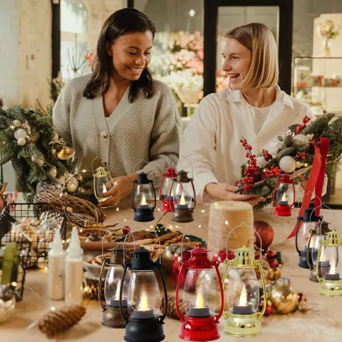 Vista 7 de Mini linternas LED pequeñas de 6 piezas de luces LED doradas decorativas para interiores y exteriores, faroles de vela colgantes para granja, bodas