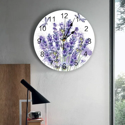 Vista 3 de Lavender Flower PVC Wall Clock Silent Non-Ticking Battery Operated Clocks, Round Clock for Home Living Room Office School Kitchen Bedroom Wall Decor