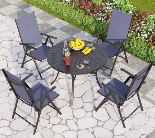 Vista 18 de PHI VILLA Juego de comedor de patio de 9 piezas, muebles de patio al aire libre con sillas plegables portátiles ajustables (azul) y mesa de comedor