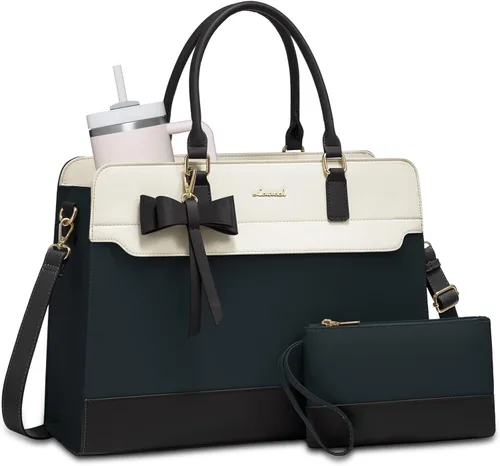 LOVEVOOK Bolso para laptop de mano para mujer, bolso de trabajo de cuero, bolso de negocios impermeable para profesora, bolso de mano grande para
