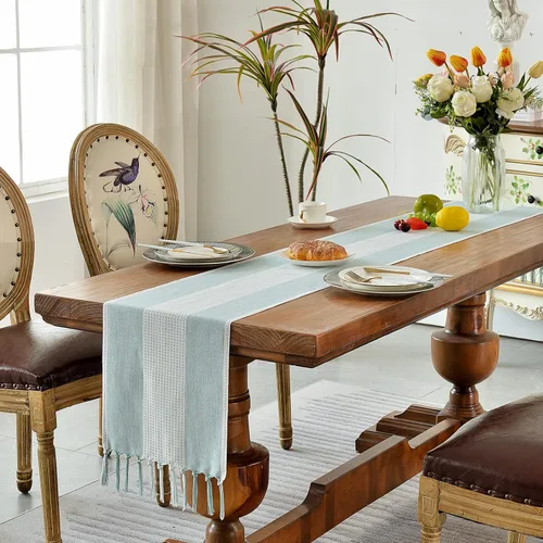 Vista 5 de Camino de mesa de lino Wracra, caminos de mesa de macramé estilo granja de 36 pulgadas de largo para decoración de mesa de comedor, boda, fiesta