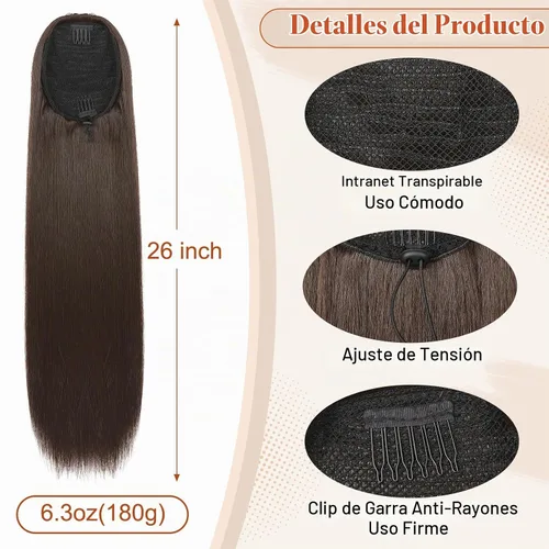 Vista 4 de Extensión de cola de caballo Flufymooz, 26 pulgadas de largo, cola de caballo recta con cordón, postizos sintéticos, colas de caballo falsas Marrón