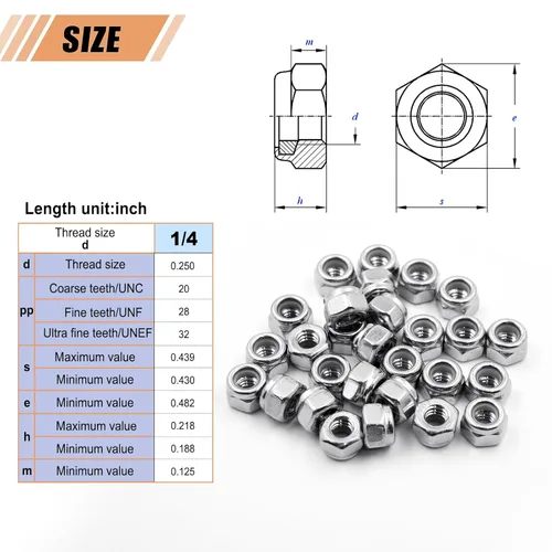 Vista 2 de Tuercas de bloqueo de acero inoxidable de 1/4"-20, paquete de 28 Tuercas hexagonales de inserción de nailon A2-70, autobloqueantes de acero