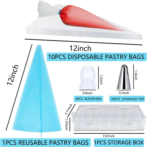 Vista 2 de Juego de 40 bolsas de pastelería y puntas de 12 pulgadas, suministros de kit de decoración de pasteles, 10 bolsas de glaseado desechables con 1