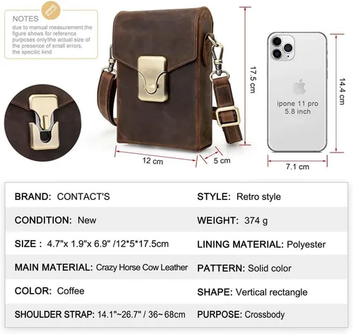 Vista 3 de Hiram Genuine Leather Small Crossbody Bag for Men, Men's Crazy Horse Leather Phone Pouch, Small Messenger Bag for Men