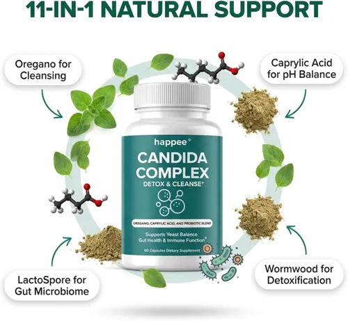 Vista 4 de Happee Suplemento complejo Candida – Candida Cleanse para apoyo al crecimiento excesivo – Ácido caprílico, orégano y probióticos para el equilibrio