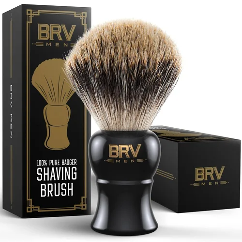 BRV MEN Pure Badger Brocha de afeitar grande (nudos de 0.945 in) - Mango de resina pesada - Uso con maquinilla de afeitar de seguridad de doble