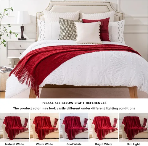 Vista 9 de BATTILO HOME Manta roja decorativa de Navidad para sofá, mantas boho para el pie de la cama, mantas decorativas rojas para sofá y sala de estar, 50