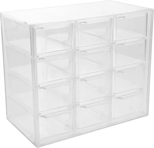 Alipis Caja de almacenamiento de plástico de 12 compartimentos con tapas, organizador de cajones de escritorio de oficina para joyas, aretes,