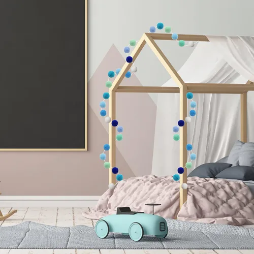 Vista 5 de 3 guirnaldas de pompones azules de 6.5 pies de largo con 30 bolas para decoración del hogar y fiesta