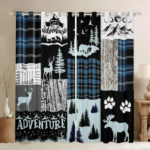 Bear Elk Deer Curtain Vintage Cabin Window Treatments,Woodland Animals Moose Window Curtain 2 Panels 38" Wx45 L,Rustic Farmhouse Window Drapes Pine