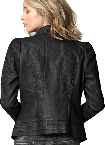 Vista 4 de Lock and Love Chaqueta de moto de cuero vegano de corte ajustado para mujer, abrigo de motocicleta de PU