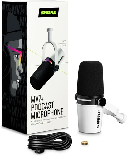 Vista 2 de Shure Micrófono dinámico MV7+ para podcast, certificado OBS, audio mejorado, panel LED, salidas USB-C y XLR, modo de nivel automático, filtro