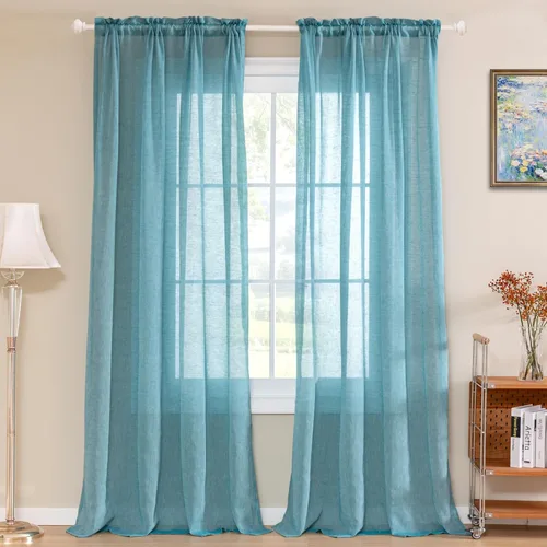 Vista 42 de Turquoize - Cortinas semitransparentes para sala de estar, cortinas de lino texturizado para dormitorio, con bolsillo para barra, tratamiento