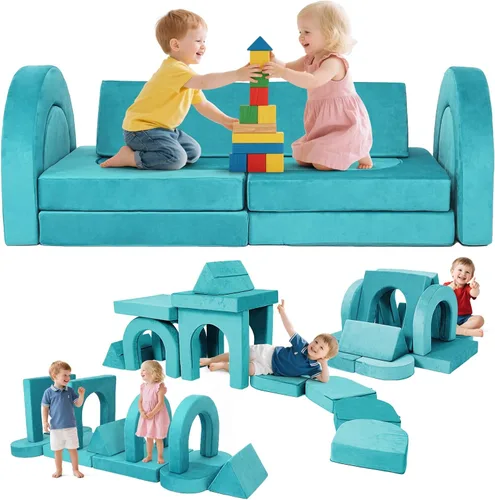 Vista 15 de Sofá modular de juego para niños, 13 piezas, sofá de espuma de alta densidad, muebles de sala de juegos convertibles con funda de terciopelo suave