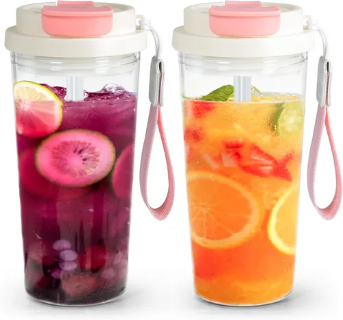 Vista 10 de Vaso transparente de 20 onzas con tapa y pajilla, 2 vasos de plástico para café helado, vaso acrílico para café, refrescos, té, leche, jugo, regalo