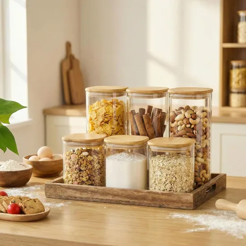 Vista 2 de 42oz – Paquete de 4 tarros cuadrados de vidrio con tapas de bambú, recipientes de almacenamiento de alimentos de vidrio con tapas herméticas