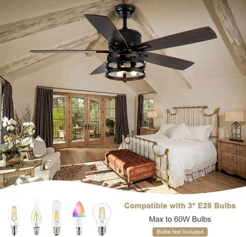 Vista 4 de Farmhouse Ceiling Fan with Light and Remote, 52 Inch Indoor Outdoor Ceiling Fans for Patios, Rustic Ceiling Fan with 5 Dual Finish Blades