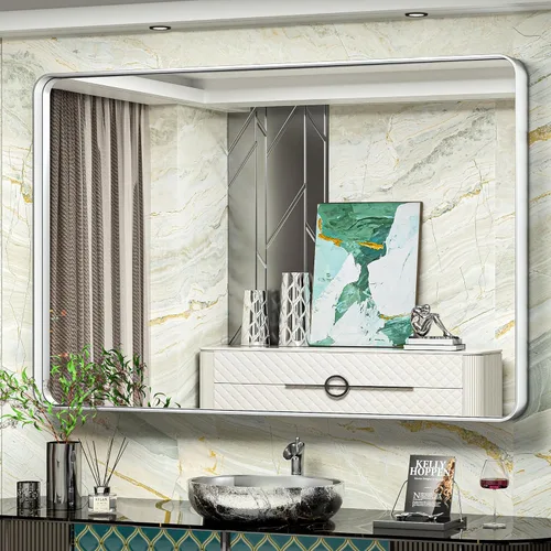 Vista 49 de TokeShimi Espejo de pared de baño de níquel cepillado de 20 x 30 pulgadas, marco de metal, esquina redonda, rectangular, para decoración del hogar