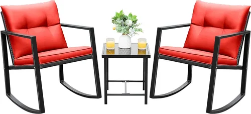 Vista 9 de Devoko, Rocking Bistro - Juego o set de 3 piezas de mimbre para patio y exteriores, muebles para porche, sillas para conversar con mesa auxiliar