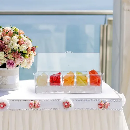 Vista 6 de MOLIGOU Servidor de condimentos en hielo, caddy refrigerado con 5 compartimentos extraíbles, contenedor de bandeja de servir refrigerada con tapa