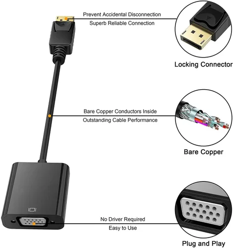 Vista 8 de Adaptador de conexión HDMI a VGA, adaptador HDMI macho a VGA hembra chapado en oro para computadora, proyector, HDTV, escritorio, laptop, PC