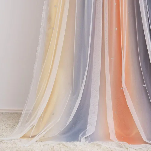 Vista 7 de Cortinas de rayas de estrellas para dormitorio de niñas, cortinas huecas para ventana, cortinas de ventana con ojales, cortinas coloridas degradadas