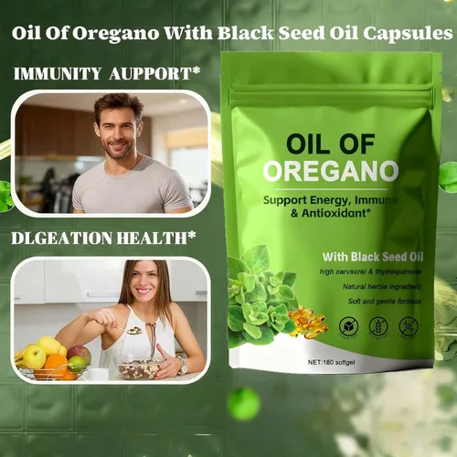 Vista 2 de Aceite de orégano con aceite de semilla negra, cápsulas de aceite de orégano 2 en 1, sin OMG, sin gluten, 180 cápsulas blandas (1 unidad)