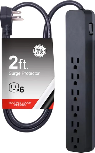 GE Pro 45170 Protector SurGE de 6 tomas, cable de extensión de 2 pies de largo, enchufe plano, montaje en pared, color negro