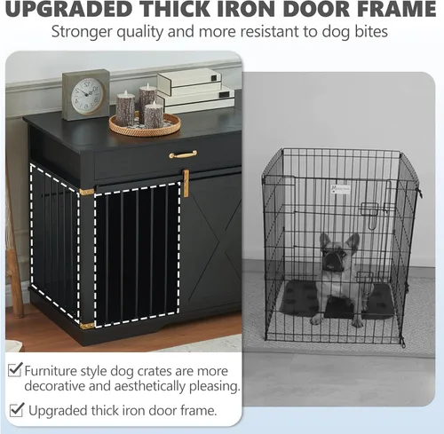 Vista 5 de Mueble de madera XXL de 72.5 pulgadas para perros para 2 razas grandes, perrera doble extragrande con divisor, cajones y puerta de granero, jaula