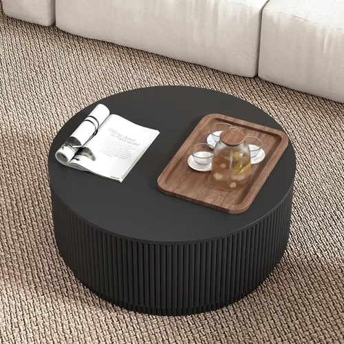 Vista 7 de Mesa de café redonda de 31.5" con almacenamiento, mesas de acento modernas con base estriada, mesa central de madera para sala de estar, espacio