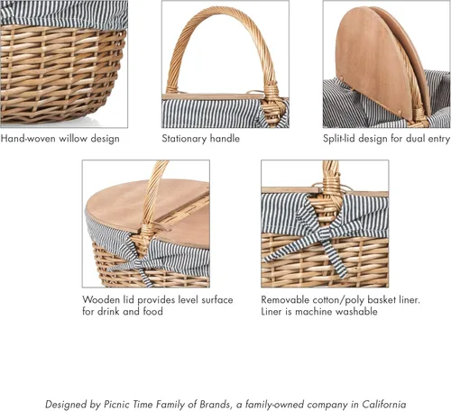 Vista 6 de PICNIC TIME Cesta de picnic campestre, cesta de mimbre tejida resistente con diseño personalizable de tapa dividida y forro de polialgodón extraíble