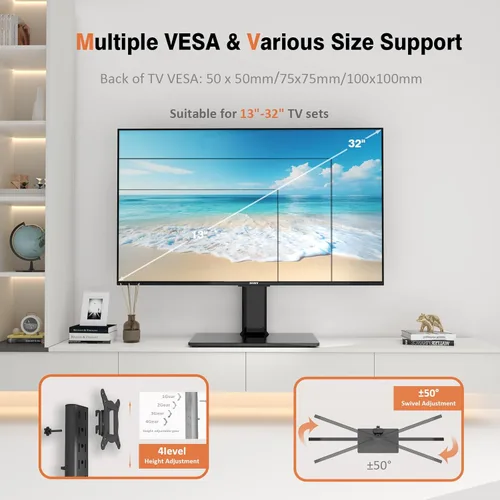 Vista 2 de HT07B-001 - Soporte giratorio universal para televisores de 13 a 32 pulgadas con giro de 100 grados, altura ajustable de 4 niveles, base de vidrio