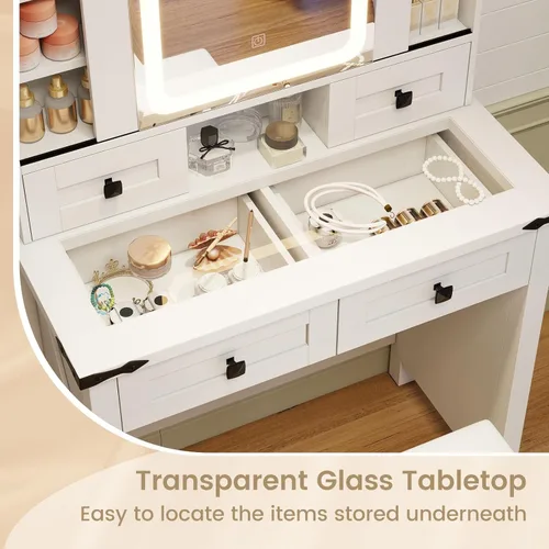 Vista 4 de CHARMAID Escritorio de Tocador Blanco con Espejo Deslizante Estilo Granero y Luces, Escritorio de Tocador de Maquillaje con Superficie de Vidrio