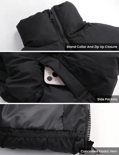 Vista 7 de EsheSy Chaleco acolchado recortado para mujer, cuello alto, cremallera completa, sin mangas, chaqueta acolchada cálida