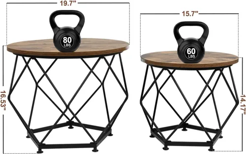 Vista 3 de Mesa auxiliar pequeña, juego de 2 mesas auxiliares redondas con mesa de madera y marco de metal, mesa auxiliar moderna, mesas auxiliares para sala