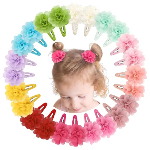 DeD 24 lazos de gasa para el pelo de 2.7 pulgadas, pinzas para el pelo de flores, pequeñas pinzas para el cabello para niñas, bebés, niños pequeños,