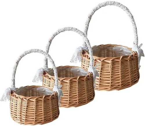 Vista 3 de Cesta de flores de mimbre de ratán, cesta tejida a mano de sauce con asa e inserto de plástico, cesta de dulces de huevos para boda, para decoración
