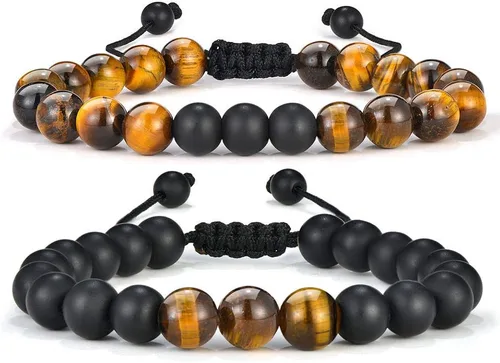 M MOOHAM Bracelets for Men Christmas Gifts - 8mm Natural Tiger Eye Matte Agate Lava Rock Bracelets Set for Men, Birthday Christmas Gifts for Dad
