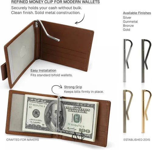 Vista 5 de CRAFTMEMORE 2 clips para dinero de 3.150 in para billetera, accesorios de artesanía de cuero de calidad (latón cepillado)