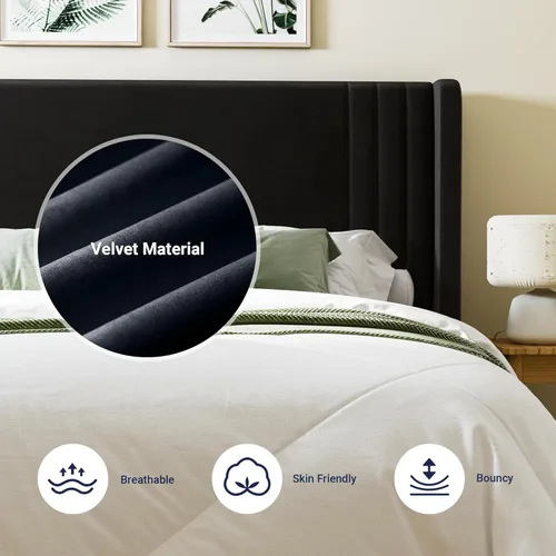 Vista 5 de Allewie Marco de Cama de Plataforma de Terciopelo Tamaño Completo con Cabecera Acolchada Vertical con Respaldo Alto, Fácil Montaje, Almacenamiento